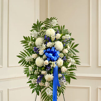 Deepest Sympathies Blue & White Standing Spray